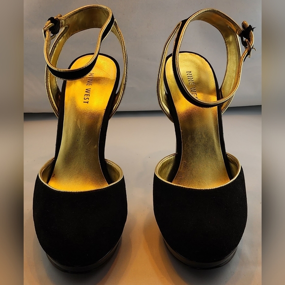 Nine West Ankle Strap Black & Gold Evening Shoe Size 8.5M - Picture 7 of 7